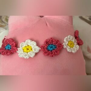 Small size Pink and White Daisy Crochet Flower Headband with yellow and blue